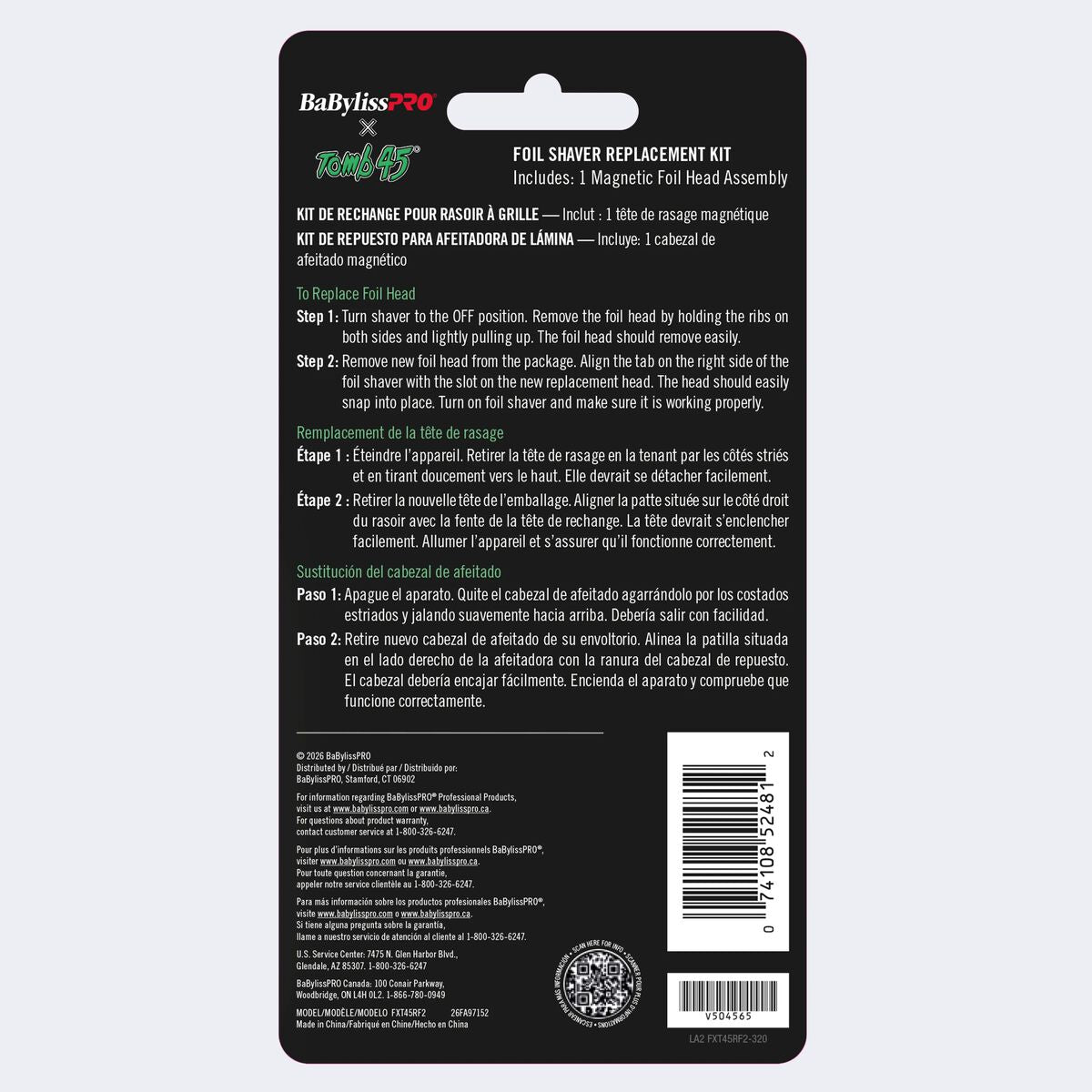 BaBylissPRO x Tomb45 replacement foil head FXT45RF2 in retail packaging, back