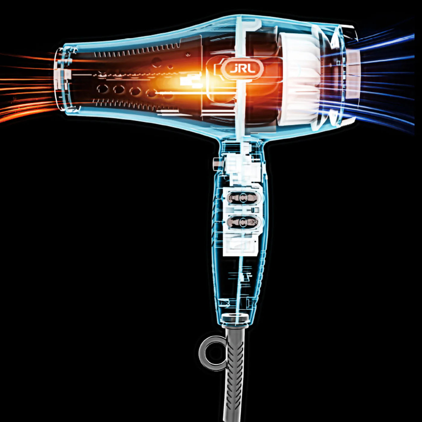 Translucent hair dryer with visible 