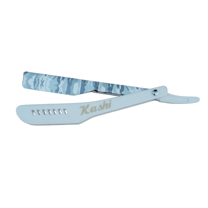 A straight razor with a white and camo print handle 