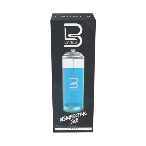 Box of a disinfected jar with blue liquid 