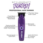 Purple hair trimmer with features labeled 
