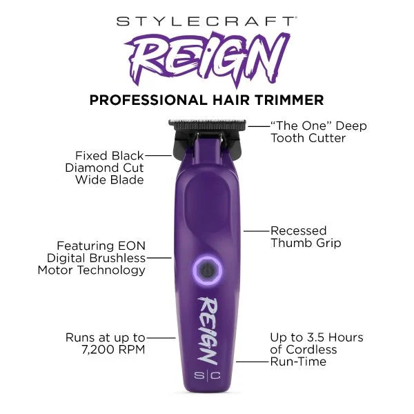 Purple hair trimmer with features labeled 