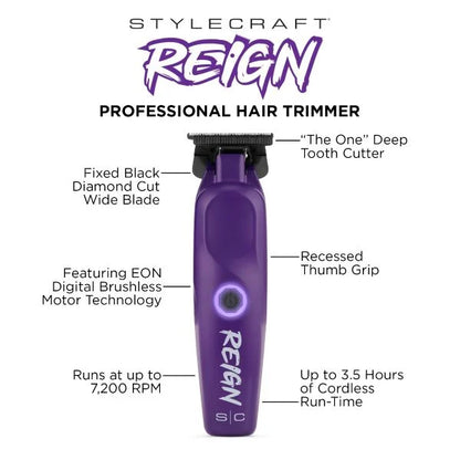 Purple hair trimmer with features labeled 