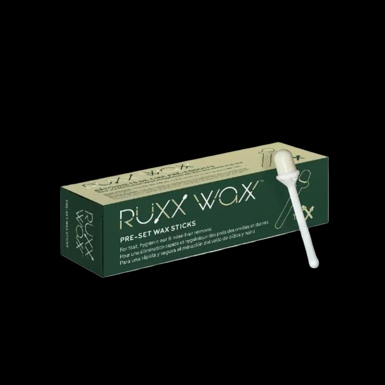 A box of Ruxx Wax Pre-Set Wax Sticks with a white applicator wand leaning against the front