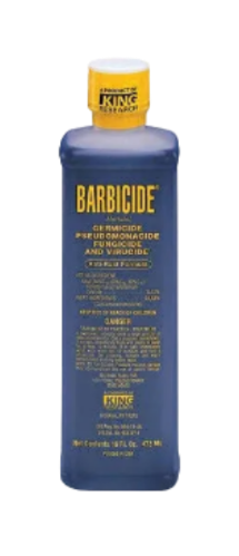 Barbicide bottle with blue label and yellow 