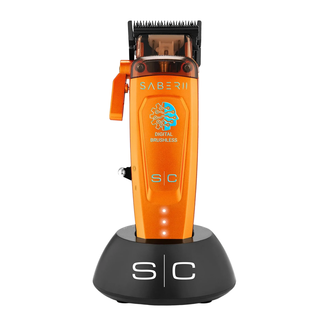 StyleCraft Saber 2 SC617O cordless clipper in orange on charging stand