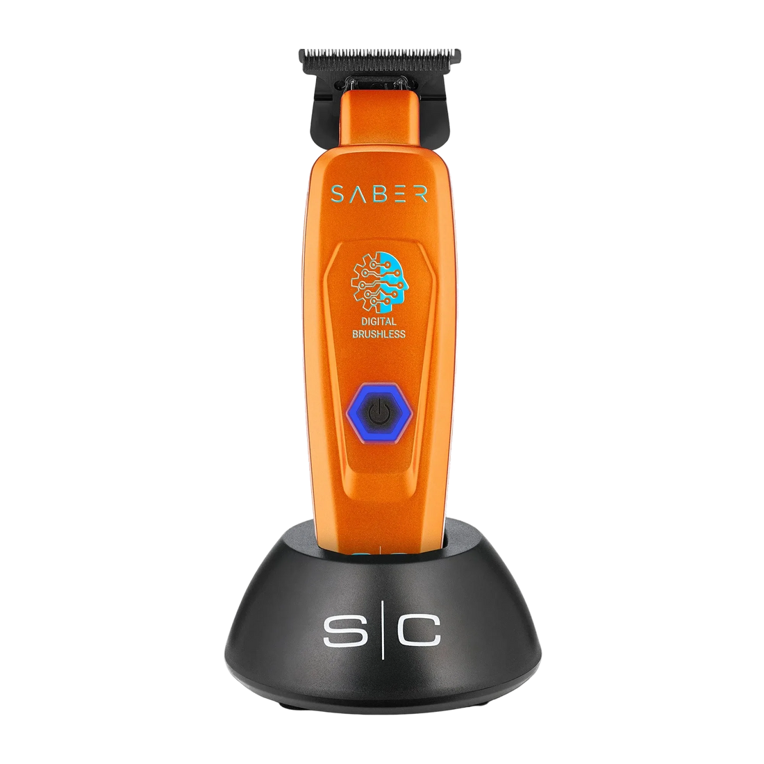 StyleCraft Saber SC421O cordless trimmer in orange on charging stand