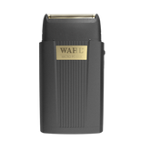 Front view of the Wahl Micro Power single-foil shaver with the gold foil head exposed, black body and gold logo, isolated on a transparent background. 3027017