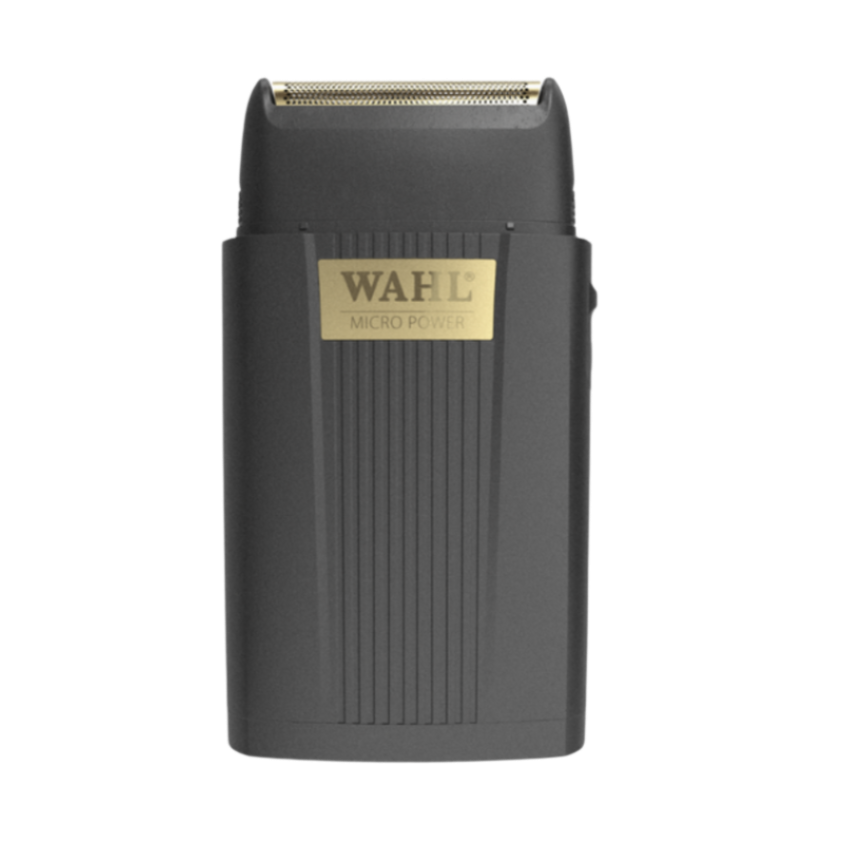 Front view of the Wahl Micro Power single-foil shaver with the gold foil head exposed, black body and gold logo, isolated on a transparent background. 3027017