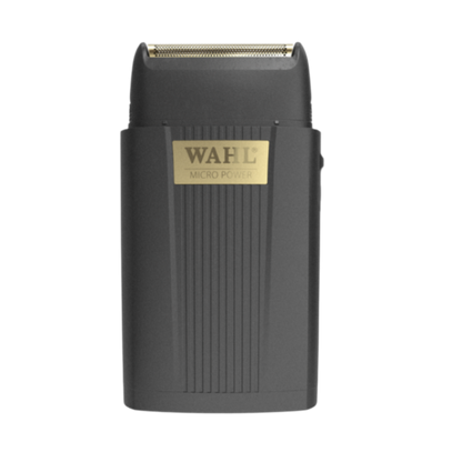 Front view of the Wahl Micro Power single-foil shaver with the gold foil head exposed, black body and gold logo, isolated on a transparent background. 3027017