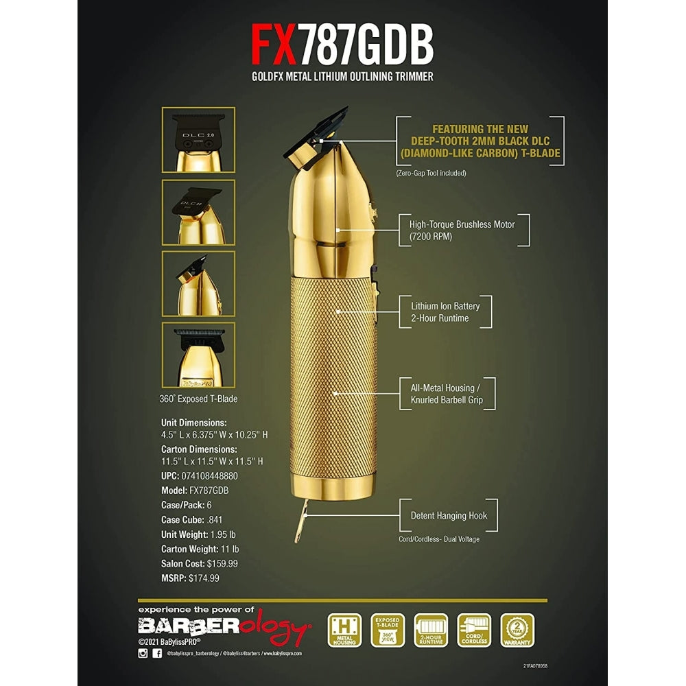 BaBylissPRO MetalFX Series -  GoldFx Metal Lithium Outlining Trimmer 360 Expose T-Blade (FX787GDB)